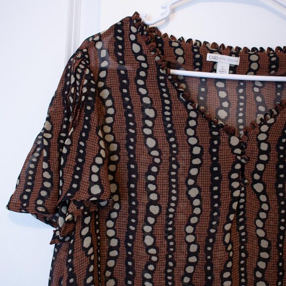 Cato Abstract Earth Tone Pleated Hem Top L Semi Sheer Dot Stripe Woven Blouse - Picture 5 of 8